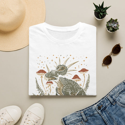 Retro Triceratops Nature Tee — Dinosaur Graphic T-Shirt with Mushrooms & Ferns