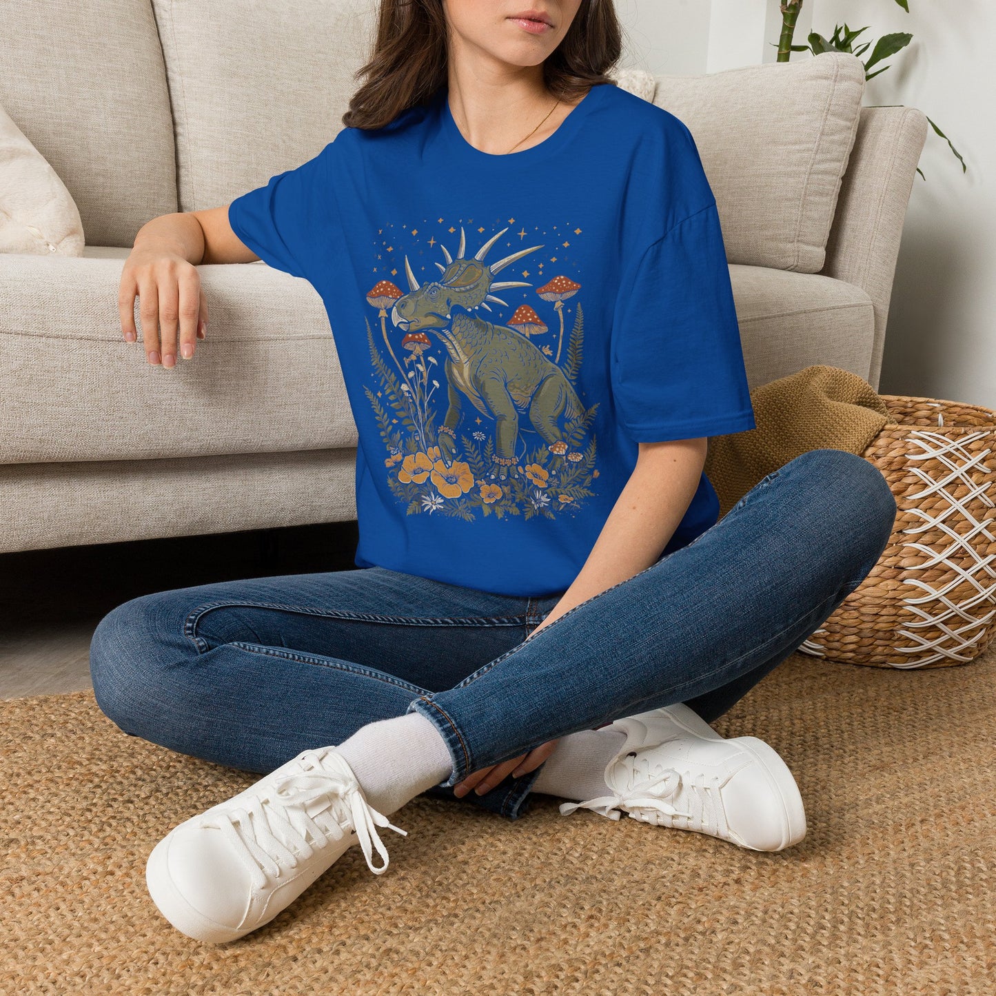 Retro Triceratops Nature Tee — Dinosaur Graphic T-Shirt with Mushrooms & Ferns