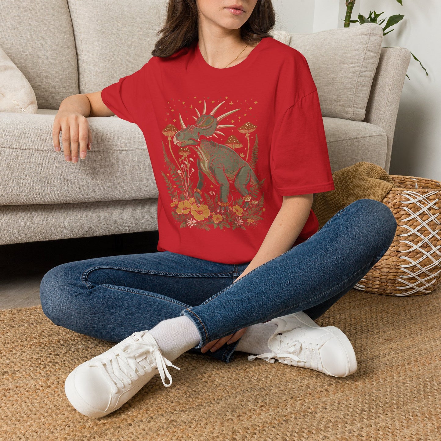 Retro Triceratops Nature Tee — Dinosaur Graphic T-Shirt with Mushrooms & Ferns