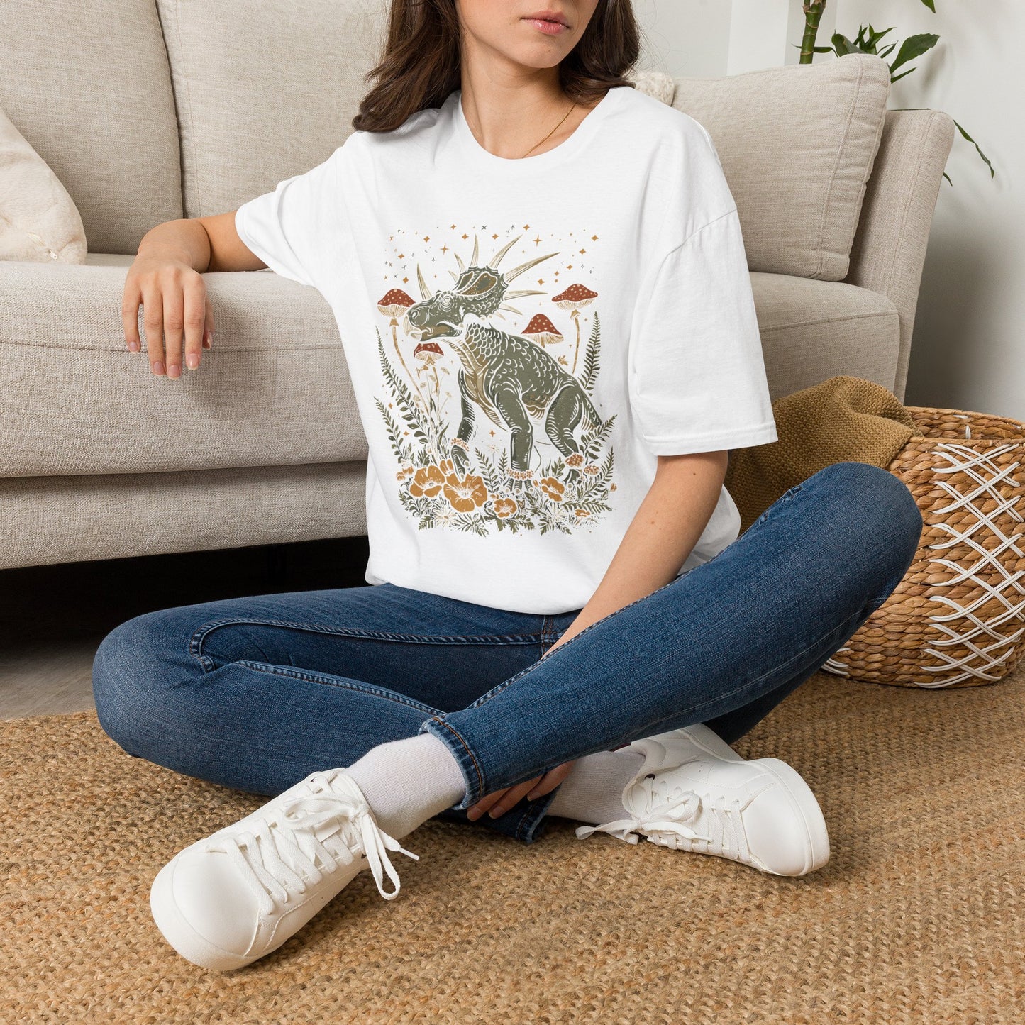 Retro Triceratops Nature Tee — Dinosaur Graphic T-Shirt with Mushrooms & Ferns