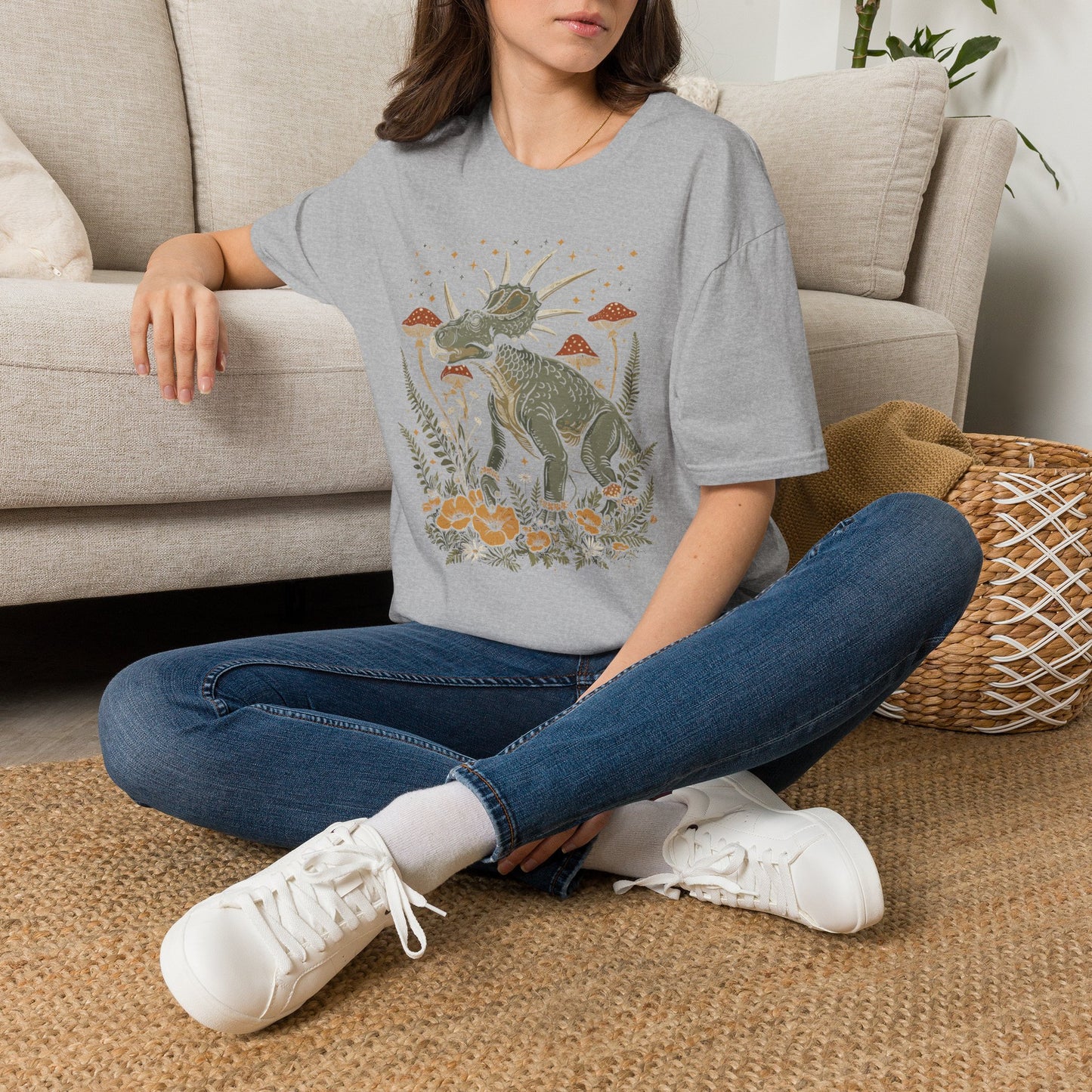 Retro Triceratops Nature Tee — Dinosaur Graphic T-Shirt with Mushrooms & Ferns