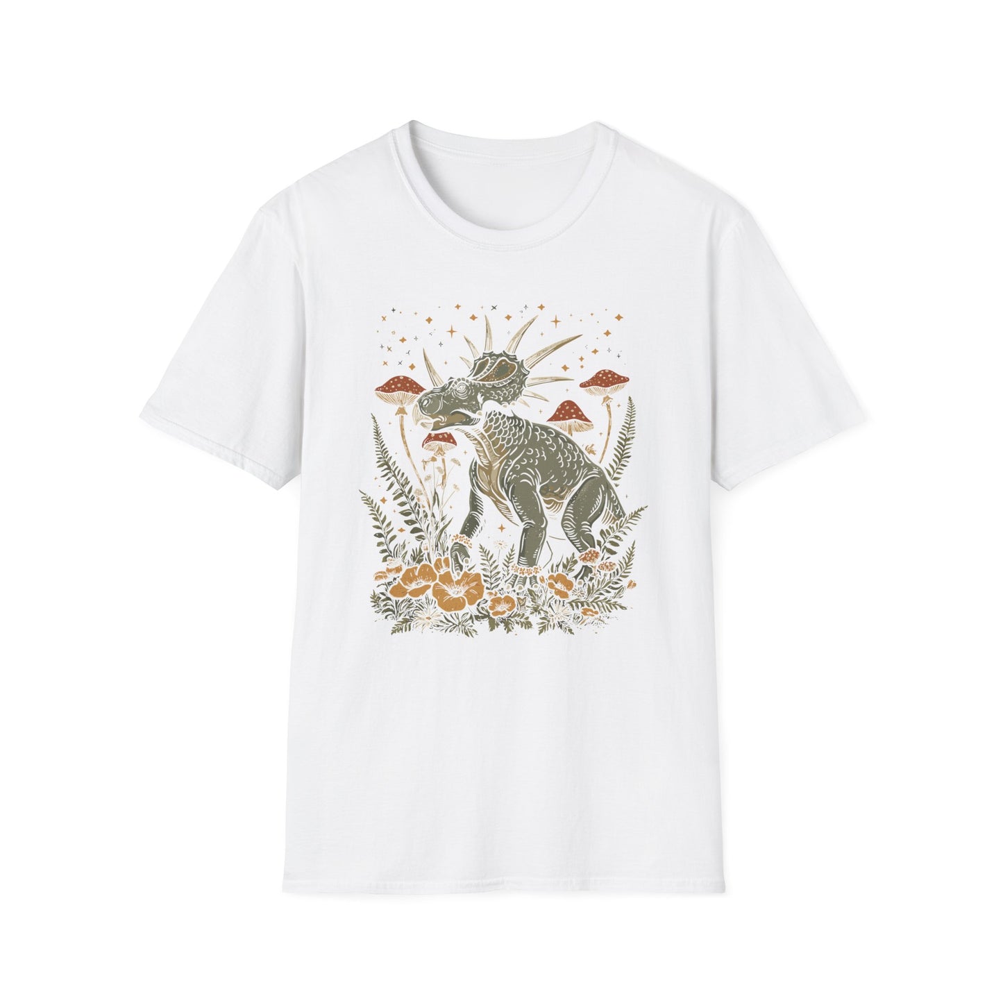 Retro Triceratops Nature Tee — Dinosaur Graphic T-Shirt with Mushrooms & Ferns
