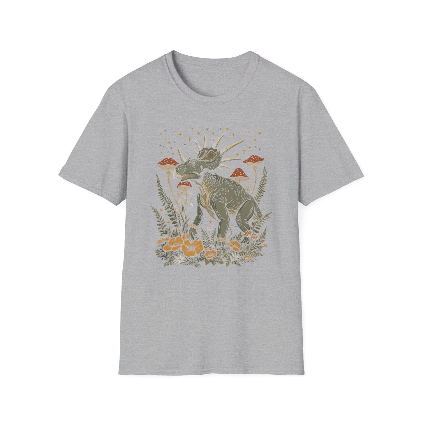 Retro Triceratops Nature Tee — Dinosaur Graphic T-Shirt with Mushrooms & Ferns
