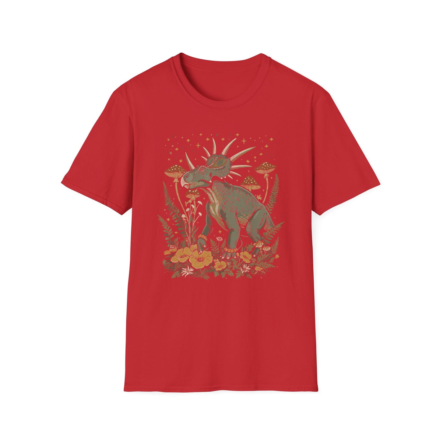 Retro Triceratops Nature Tee — Dinosaur Graphic T-Shirt with Mushrooms & Ferns