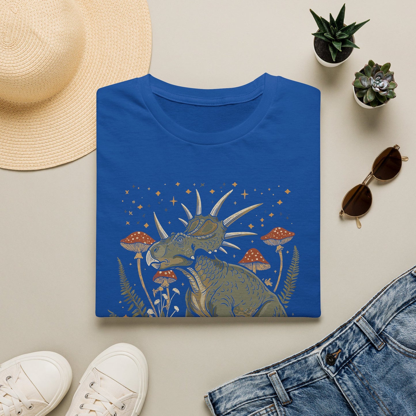 Retro Triceratops Nature Tee — Dinosaur Graphic T-Shirt with Mushrooms & Ferns