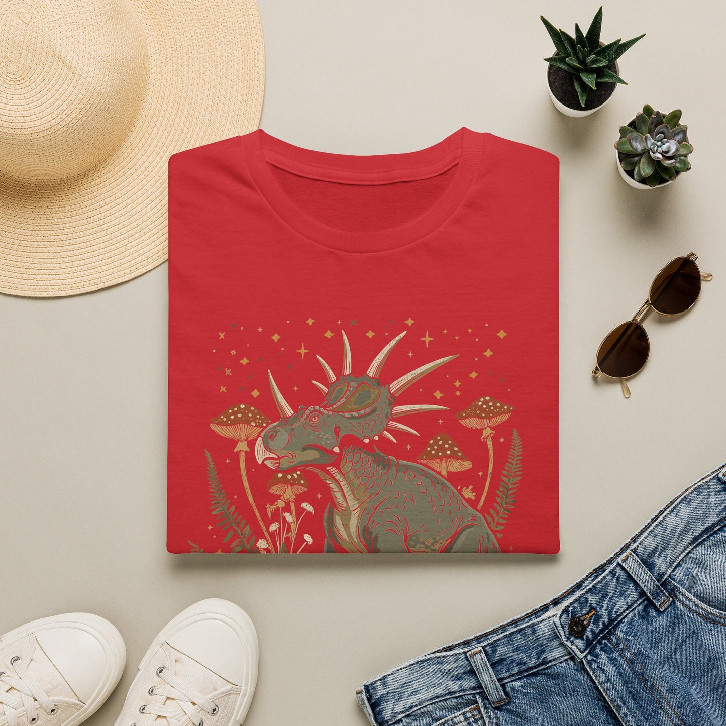Retro Triceratops Nature Tee — Dinosaur Graphic T-Shirt with Mushrooms & Ferns