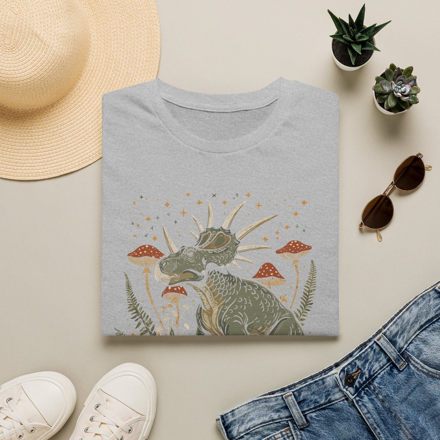 Retro Triceratops Nature Tee — Dinosaur Graphic T-Shirt with Mushrooms & Ferns