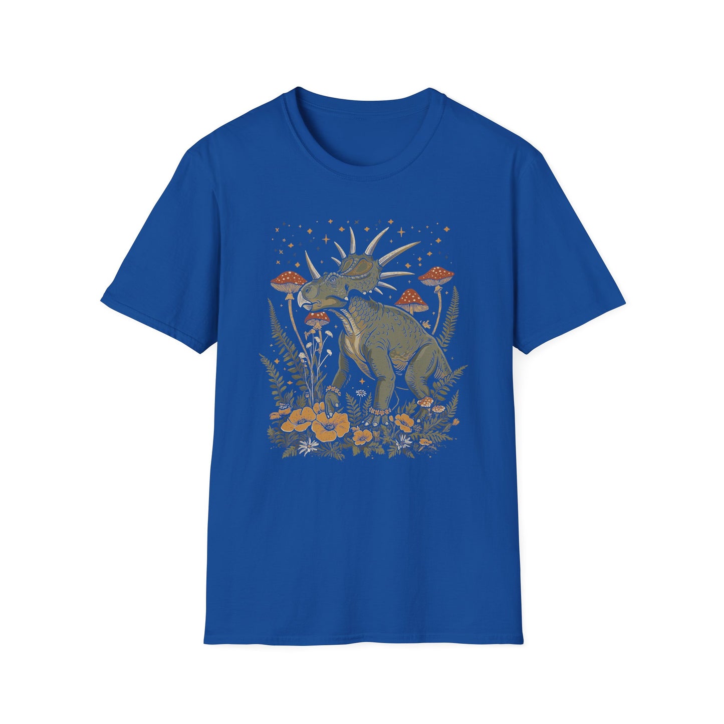Retro Triceratops Nature Tee — Dinosaur Graphic T-Shirt with Mushrooms & Ferns