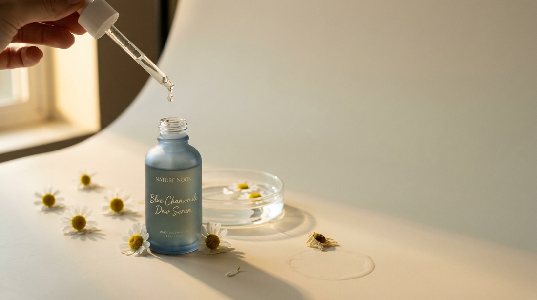 Blue Chamomile Dew Serum with chamomile blossoms