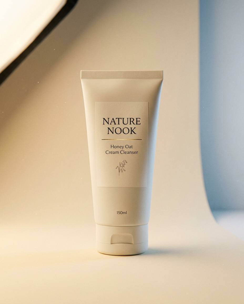 Honey Oat Cream Cleanser tube on warm off-white backdrop